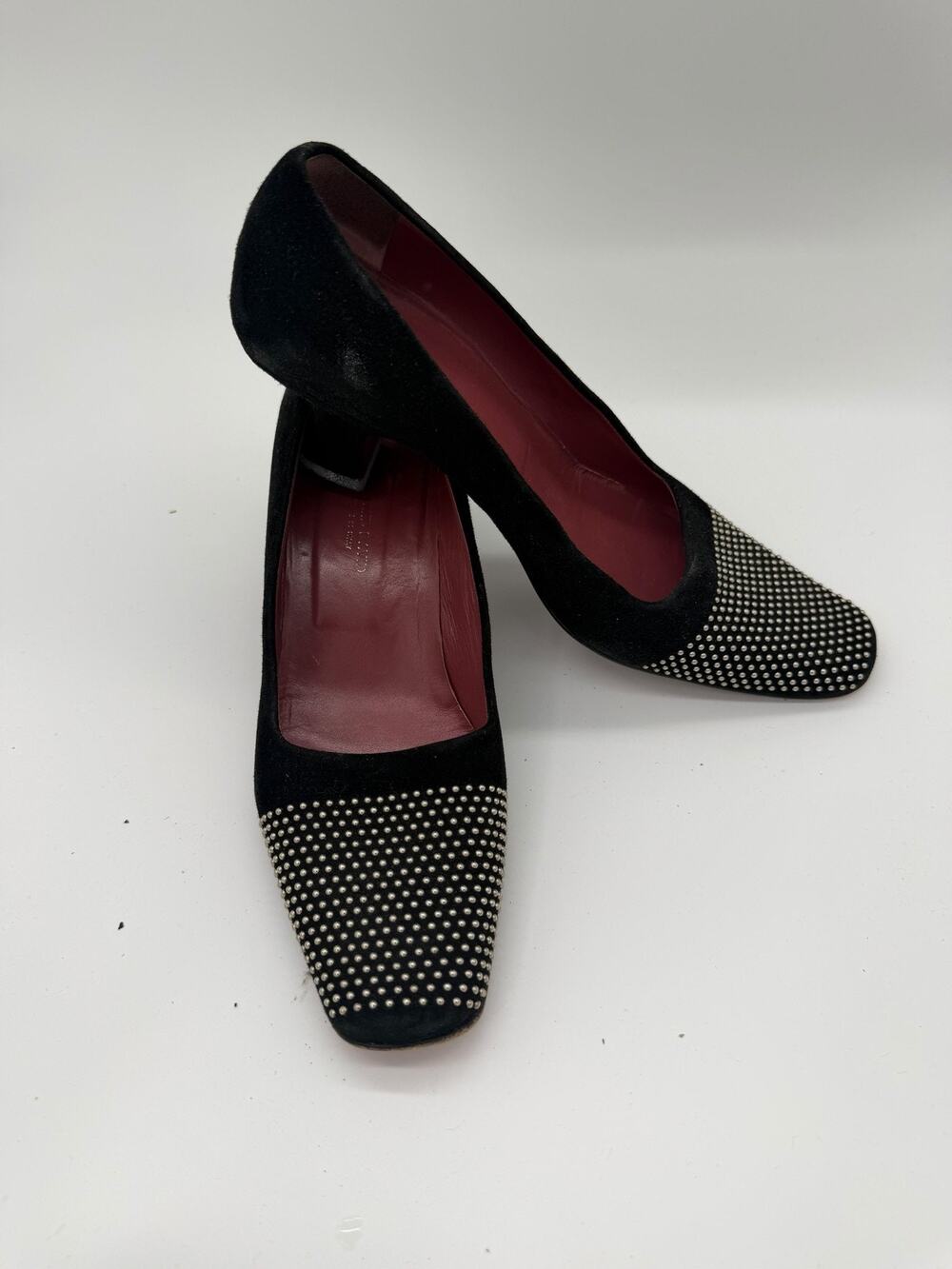 Vintage Joan & David Shoes Womens Size 8 Black Suede Studded Cap Toe Pumps Italy
